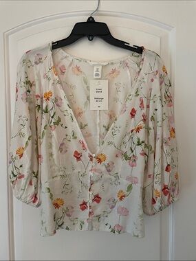 White Floral Linen-Blend Button Front Blouse Sz Med